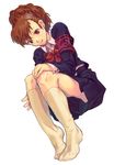  bad_id bad_pixiv_id bow brown_eyes brown_hair feet female_protagonist_(persona_3) from_below hair_ornament hairclip highres motiko persona persona_3 persona_3_portable sitting smile socks solo 