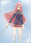  bike_shorts epaulettes long_hair pink_hair shoujo_kakumei_utena solo sword tenjou_utena weapon yamakou 