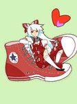  1girl bow converse fujiwara_no_mokou hair_bow hair_ribbon heart long_hair red_eyes ribbon shoes silver_hair sneakers socks solo touhou 