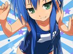  blue_hair green_eyes highres izumi_kanata long_hair lucky_star naughty_face school_swimsuit smile solo star swimsuit third-party_edit vector_trace wallpaper watermark wet 