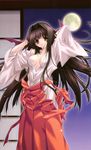  absurdres black_hair breasts hakama highres japanese_clothes kimizuka_aoi long_hair lost_passage medium_breasts miko moon night no_bra open_clothes open_shirt orange_eyes red_hakama ribbon scan shirt solo undressing usa_mizuki very_long_hair 