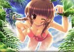  absurdres beach bikini blush braid breasts brown_hair cleavage day highres ikegami_akane kimi_kiss large_breasts leaning_forward mizusawa_mao one_eye_closed outdoors scan solo swimsuit twin_braids 