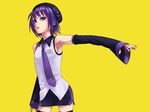  beret detached_sleeves hat headphones mukki necktie purple_eyes purple_hair purple_neckwear short_hair simple_background skirt solo thighhighs utane_uta utau zettai_ryouiki 