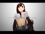  breasts brown_eyes brown_hair copyright_name earrings final_fantasy final_fantasy_vii giyotine jewelry large_breasts midriff shirt solo suspenders taut_clothes taut_shirt tifa_lockhart 