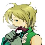  bare_shoulders blonde_hair blue_eyes final_fantasy final_fantasy_ix gloves knife male_focus mouth_hold solo tying uboar zidane_tribal 