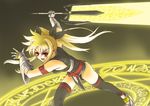  bardiche blonde_hair brown_hair esuurya fate_testarossa gauntlets hair_ribbon long_hair lyrical_nanoha magic_circle mahou_shoujo_lyrical_nanoha_strikers red_eyes ribbon solo thighhighs twintails 