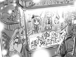  &gt;_&lt; 1boy 3girls animal_ears backpack bag bottle bunny_ears closed_eyes crane_game frog gensoukoumuten greyscale hairband hanimaru hinbei kochiya_sanae konpaku_youmu monochrome multiple_girls necktie ooi!_hanimaru pleated_skirt reisen_udongein_inaba skirt sunglasses touhou ufo water_bottle 