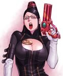  bayonetta bayonetta_(character) black_hair breasts cleavage cleavage_cutout glasses gun large_breasts mole mole_under_mouth open_mouth solo takasugi_kou tongue tongue_out weapon 