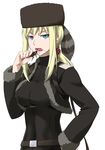  bad_id bad_pixiv_id belt blonde_hair bug cockroach coon_hat darker_than_black green_eyes hand_on_hip hat insect jacket open_mouth skin_tight solo tanya_(darker_than_black) youkan 