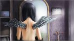  back bad_id bad_pixiv_id black_hair black_wings blood first_aid_kit haibane_renmei halo highres mirror reki solo undressing wings zawa 