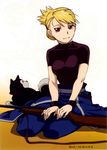  amestris_military_uniform arakawa_hiromu black_hayate blonde_hair dog folded_ponytail fullmetal_alchemist gun hair_up highres military military_uniform official_art red_eyes rifle riza_hawkeye shiba_inu sitting smile solo uniform weapon 