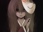  aqua_eyes black_eyes fox_mask hatsune_miku heterochromia horror_(theme) hotarugaike japanese_clothes long_hair mask musunde_hiraite_rasetsu_to_mukuro_(vocaloid) smile solo vocaloid 