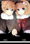  1girl blonde_hair bow brother_and_sister hair_ornament hairband hairclip holding_hands kagamine_len kagamine_rin scarf short_hair siblings smile tama_(songe) twins vocaloid 