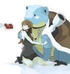  bad_id bad_pixiv_id black_dress blastoise blue_(pokemon) brown_hair cameo comforting dress gen_1_pokemon giving hand_on_another's_shoulder holding hug ookido_yukinari out_of_frame pokedex pokemon pokemon_(creature) pokemon_special simple_background tears tsu_da white_background 