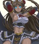  armpits blue_eyes breasts brown_hair cleavage glowing glowing_eyes haruyama_kazunori large_breasts long_hair midriff navel neige_hausen pointy_ears sideboob solo super_robot_wars super_robot_wars_og_saga_mugen_no_frontier super_robot_wars_og_saga_mugen_no_frontier_exceed 