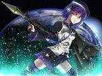  android beret glowing glowing_eye hat heterochromia necktie planet purple_eyes purple_hair rocket_launcher rpg rpg-7 short_hair skirt smile solo space thighhighs tk28 torn_clothes utane_uta utau weapon zettai_ryouiki 