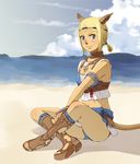  animal_ears beach blonde_hair blue_eyes blush boots cat_ears cat_tail cloud clouds epistle final_fantasy final_fantasy_xi jewelry mithra necklace short_hair sitting sky tail water 