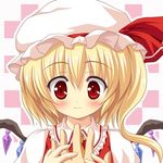  blonde_hair blush flandre_scarlet hands hat one_side_up red_eyes short_hair solo touhou wings yamasan 