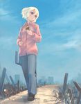  bag blonde_hair blue_eyes day lowres original short_hair sky solo sweater weno weno's_blonde_original_character 