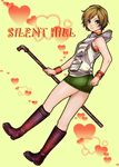  blonde_hair boots brown_eyes heart heather_mason holding holding_weapon hooded_top lead_pipe legs miniskirt short_hair silent_hill silent_hill_3 skirt solo sweatband vest watch weapon wristband wristwatch 