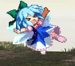  &gt;_&lt; animated animated_gif blue_hair bow chibi cirno closed_eyes dress hair_bow lossy-lossless lowres open_mouth outstretched_arms pixel_art short_hair solo spread_arms touhou wings 