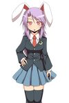  animal_ears black_legwear blazer blouse breasts brooch bunny_ears crescent_moon hair_ornament hairclip hand_on_hip jacket jewelry kuroba_rapid large_breasts long_hair looking_at_viewer moon necktie open_mouth pleated_skirt purple_hair red_eyes reisen_udongein_inaba skirt solo thighhighs touhou transparent_background zettai_ryouiki 