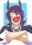  :d commentary_request crossed_arms eyepatch headgear kantai_collection necktie open_mouth purple_hair sharp_teeth short_hair sleeves_rolled_up smile solo teeth tenryuu_(kantai_collection) tongue torichamaru v-shaped_eyebrows yellow_eyes 