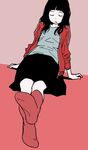  1girl black black_hair eyes_closed grey_shirt hosoo leaning_back leg_lift monochrome open_jacket original pink_background red_jacket red_legwear shirt skirt solo tired 