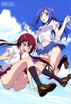  absurdres blue_eyes blue_hair blue_panties blush brown_eyes brown_hair cloud day highres joukamachi_no_dandelion legs long_hair low_twintails megami midair multiple_girls necktie non-web_source official_art open_mouth panties pink_panties sakurada_akane sakurada_aoi school_uniform sky socks tanazawa_kaori twintails underwear 