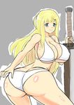  1girl ass bikini blonde_hair breasts butt_crack female green_eyes huge_ass large_breasts mutsuya senran_kagura simple_background solo swimsuit sword weapon yomi_(senran_kagura) 