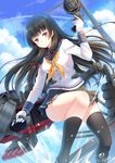  black_hair convenient_leg gloves hair_ribbon isokaze_(kantai_collection) kantai_collection long_hair red_eyes ribbon school_uniform serafuku single_thighhigh skirt solo thighhighs villyane 