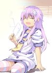  absurdres bangs blush closed_eyes dress food hair_between_eyes hair_ornament highres holding hot long_hair melting nepgear neptune_(series) normaland open_mouth popsicle purple_hair sailor_dress sitting sleeves_pushed_up solo striped striped_legwear sweatdrop thighhighs zettai_ryouiki 