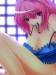  bra breasts bustier cleavage commentary_request highres large_breasts lingerie looking_at_viewer midriff morning mouth_hold navel nekominase pink_eyes pink_hair saigyouji_yuyuko short_hair solo touhou underwear 