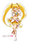  ;d blonde_hair boots bow brooch choker crop_top cure_sunshine flower full_body hair_bow hair_flower hair_ornament heartcatch_precure! hoshi_(xingspresent) jewelry knee_boots long_hair magical_girl midriff myoudouin_itsuki navel one_eye_closed open_mouth orange_bow orange_choker precure skirt smile solo standing standing_on_one_leg twintails white_background white_footwear wrist_cuffs yellow_bow yellow_eyes yellow_skirt 