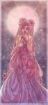  artist_name beads bishoujo_senshi_sailor_moon border cobyfrog crescent double_bun dress facial_mark fine_art_parody flower forehead_mark glowing hair_flower hair_ornament hand_to_own_mouth long_dress long_hair parody pink princess_serenity solo tsukino_usagi very_long_hair 