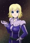  blonde_hair blue_eyes gingasansan gundam gundam_side_story:_from_place_beyond_the_blaze hand_on_hip jewelry lilia_flaubert pilot_suit smile solo 