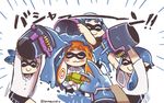  3girls :3 als_ice_bucket_challenge blue_hair blush bucket closed_eyes commentary_request domino_mask inkling long_hair mask multiple_girls orange_hair paint partial_commentary pointy_ears same_anko slosher_(splatoon) smile splatoon_(series) splatoon_1 splattershot_(splatoon) tentacle_hair twitter_username 