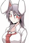  animal_ears breasts bunny_ears collarbone hair_ornament hairclip kuroba_rapid large_breasts long_hair looking_at_viewer necktie nervous nervous_smile purple_hair red_eyes reisen_udongein_inaba simple_background solo sweat touhou tsurime upper_body white_background 