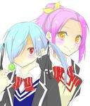  2girl blue_hair blush breasts candy hair_ornament hair_over_one_eye jacket lollipop long_hair multiple_girls orange_eyes pink_hair ponytail red_eyes sarushima_maria school_uniform simple_background smile takigawa_noa twintails yamada-kun_to_7-nin_no_majo 