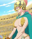  bare_legs braid breasts cape cloud curvy dressrosa female helmet large_breasts one_piece pink_hair rebecca_(one_piece) screencap serious sky solo stadium standing stitched sweat 