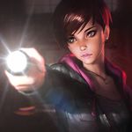  brown_eyes brown_hair flashlight gradient gradient_background ilya_kuvshinov kr0npr1nz lips moira_burton necklace parted_lips resident_evil short_hair solo 