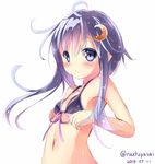  :&lt; ahoge bare_shoulders bikini black_bikini blue_eyes blue_hair blush crescent crescent_hair_ornament dated front-tie_bikini front-tie_top hair_ornament kantai_collection long_hair looking_at_viewer na!?_(naxtuyasai) navel short_hair_with_long_locks solo swimsuit twitter_username upper_body white_background yayoi_(kantai_collection) 
