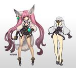  animal_ear_fluff animal_ears artist_request ass black_panties blade_&amp;_soul boots breasts brown_eyes cleavage earrings gloves hand_on_hip jacket jewelry legs long_hair lyn_(blade_&amp;_soul) no_pants panties pink_hair sketch small_breasts smile solo tail twintails underwear very_long_hair wolf_ears 