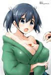  bare_shoulders blue_eyes blue_hair blush breasts bust_cup collarbone covered_nipples fish fuyu_mi goldfish hair_ribbon japanese_clothes kantai_collection large_breasts open_mouth ribbon short_hair side_ponytail solo_focus souryuu_(kantai_collection) tears twintails twitter_username 