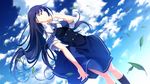  absurdres blue_hair blurry cloud dappled_sunlight gradient gradient_background grisaia_(series) grisaia_no_kajitsu grisaia_no_rakuen highres long_hair looking_away meikyuu necktie purple_eyes sakaki_yumiko school_uniform skirt solo sunlight thighs 