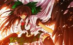  ahoge angel_wings arm_cannon black_hair black_legwear black_wings bow breasts cape glowing glowing_eyes hair_bow large_breasts long_hair looking_at_viewer midriff navel nekominase open_mouth red_eyes reiuji_utsuho skirt solo thighhighs third_eye torn_clothes touhou weapon wings 