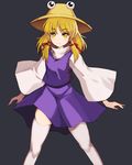  bad_id bad_pixiv_id blonde_hair defiaz_(infinity) dress grey_background hair_ribbon hat moriya_suwako purple_dress ribbon short_hair simple_background smile solo standing thighhighs touhou white_legwear wide_sleeves yellow_eyes 