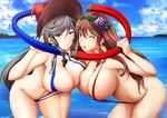  :d armpits beach blush bol_(liliymimi) breast_press breasts collarbone commentary_request day flower granblue_fantasy hair_flower hair_ornament hat highres large_breasts lipstick long_hair looking_at_viewer magisa_(granblue_fantasy) magnet makeup multiple_girls navel open_mouth rosetta_(granblue_fantasy) sidelocks slingshot_swimsuit smile swimsuit symmetrical_docking wet witch_hat 