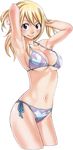  armpits arms_up bikini blonde_hair breasts cleavage fairy_tail highres large_breasts long_hair looking_at_viewer lucy_heartfilia mashima_hiro navel shiny shiny_skin side-tie_bikini skindentation smile solo strap_gap swimsuit transparent_background 
