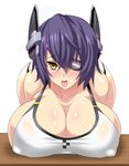  bent_over bikini blush breasts covered_nipples eyepatch huge_breasts kantai_collection konno_tohiro looking_at_viewer open_mouth purple_hair simple_background solo sweat swimsuit tenryuu_(kantai_collection) white_background yellow_eyes 